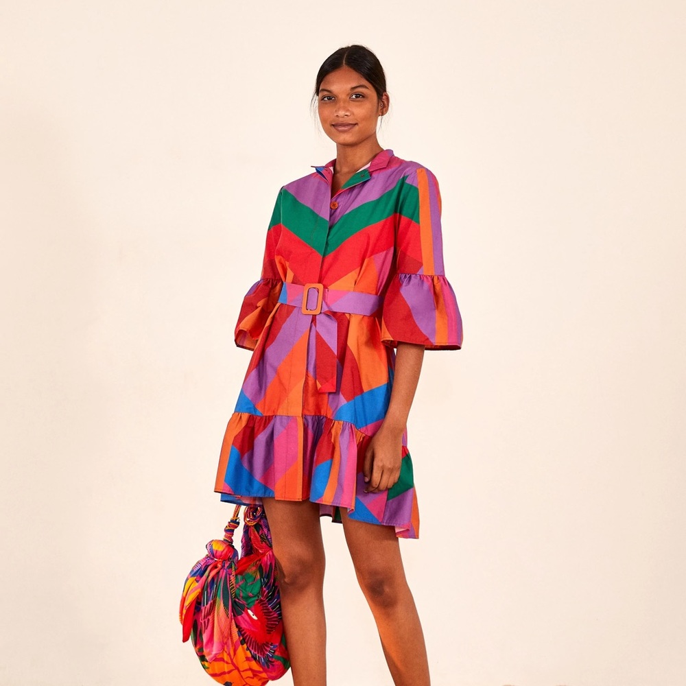 Farm Rio Amanda Stripes Mini Dress Tiered Ruffle Button Front Colorful SMALL